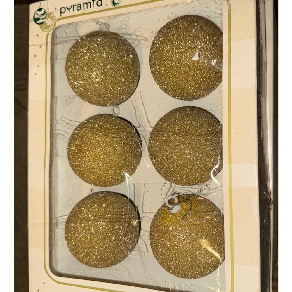 Vintage Pyramid 24 Unbreakable Decorative Ornaments Gold Glitter 2.25" Balls